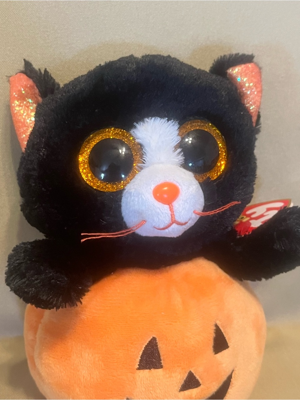 Ty Beanies Boo Edgar the Cat plush. Orange Glittery Eyes & Ears. 6”